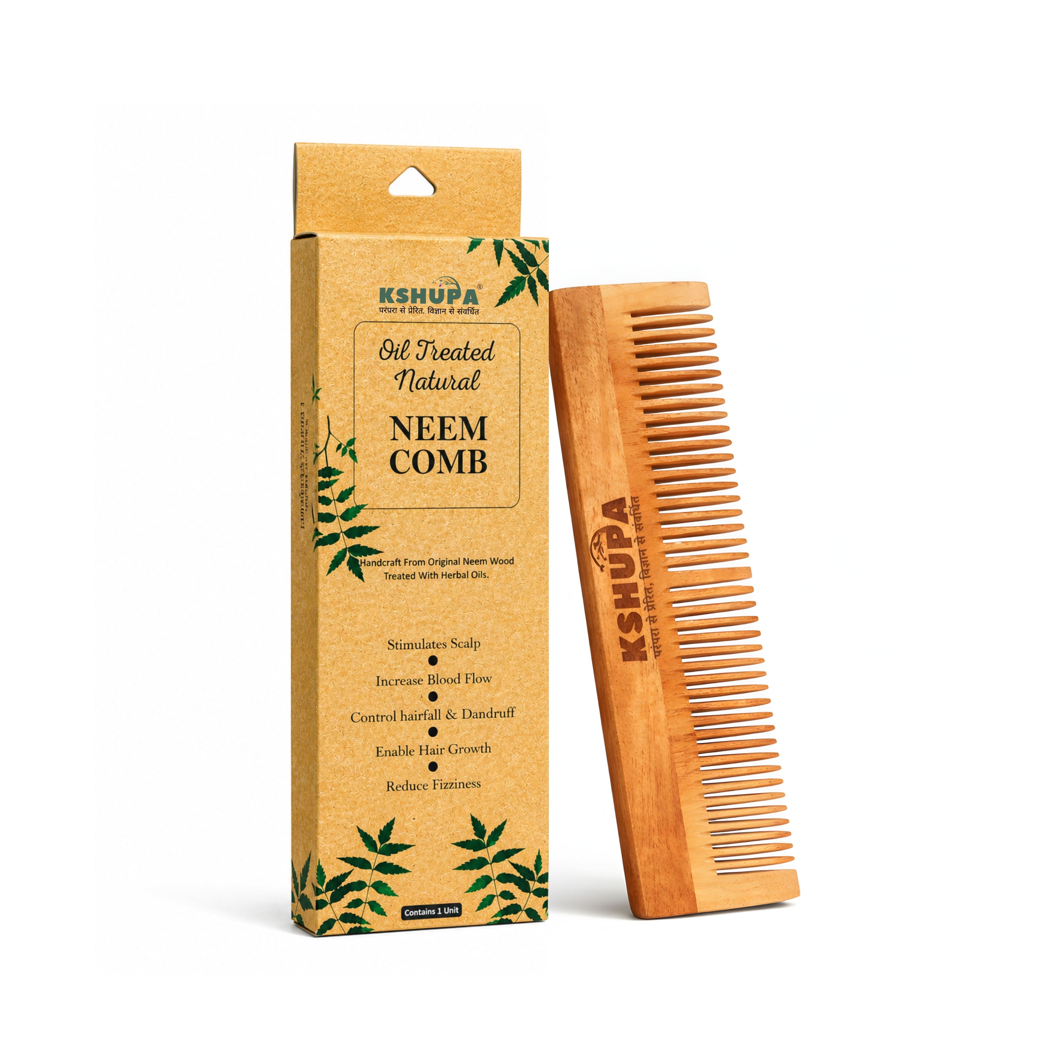 Kshupa Authentic Kacchi Neem Wood Comb | Handmade & Eco-Friendly | Boosts Hair Growth, Controls Dandruff & Reduces Frizz | Free Shipping