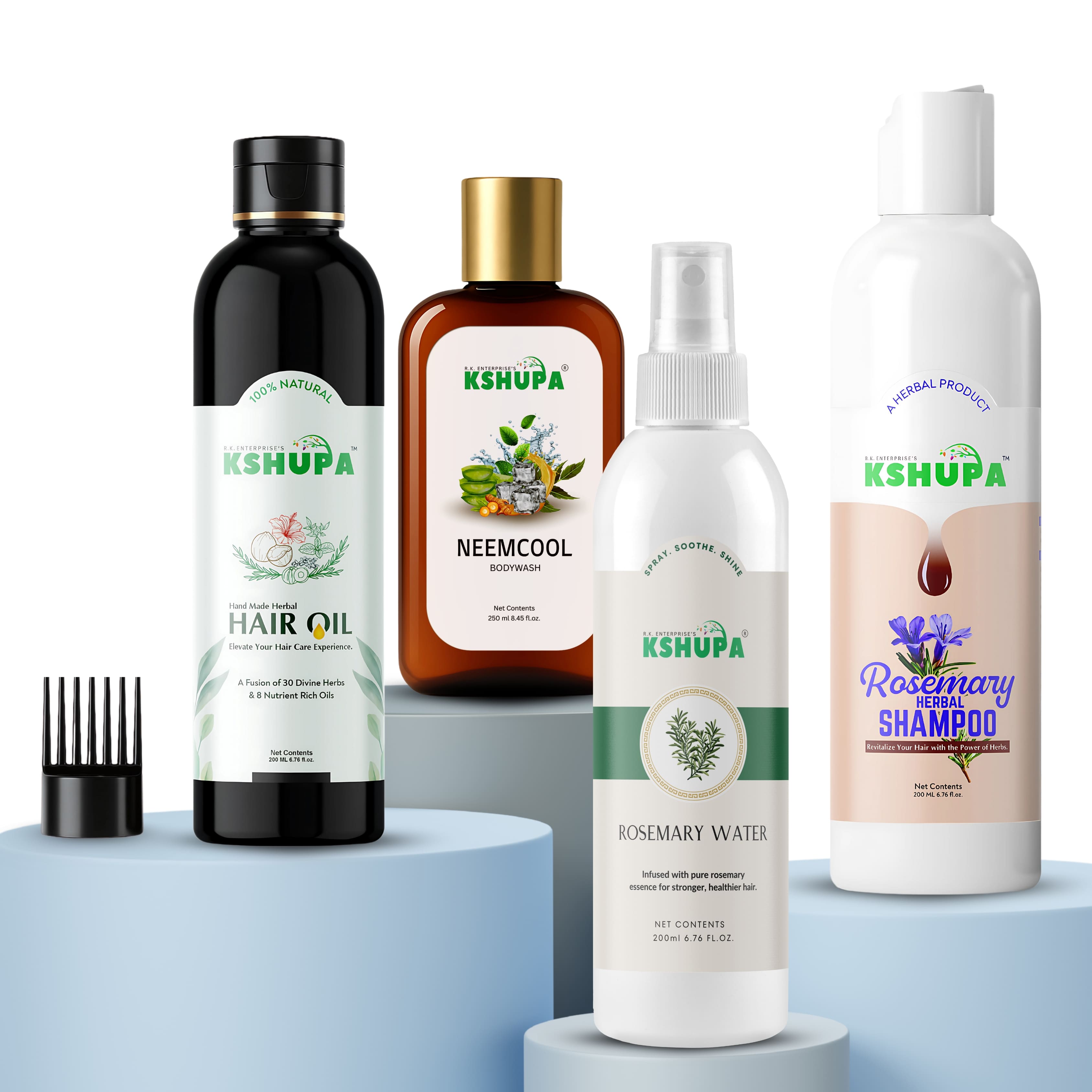 HERBAL QUAD COMBO | Rosemary Water (200ml) + Rosemary Shampoo (200ml) + Neem Cool Body Wash (250ml) + Handmade Herbal Hair Oil (200ml) | Complete Ayurvedic Hair & Body Care