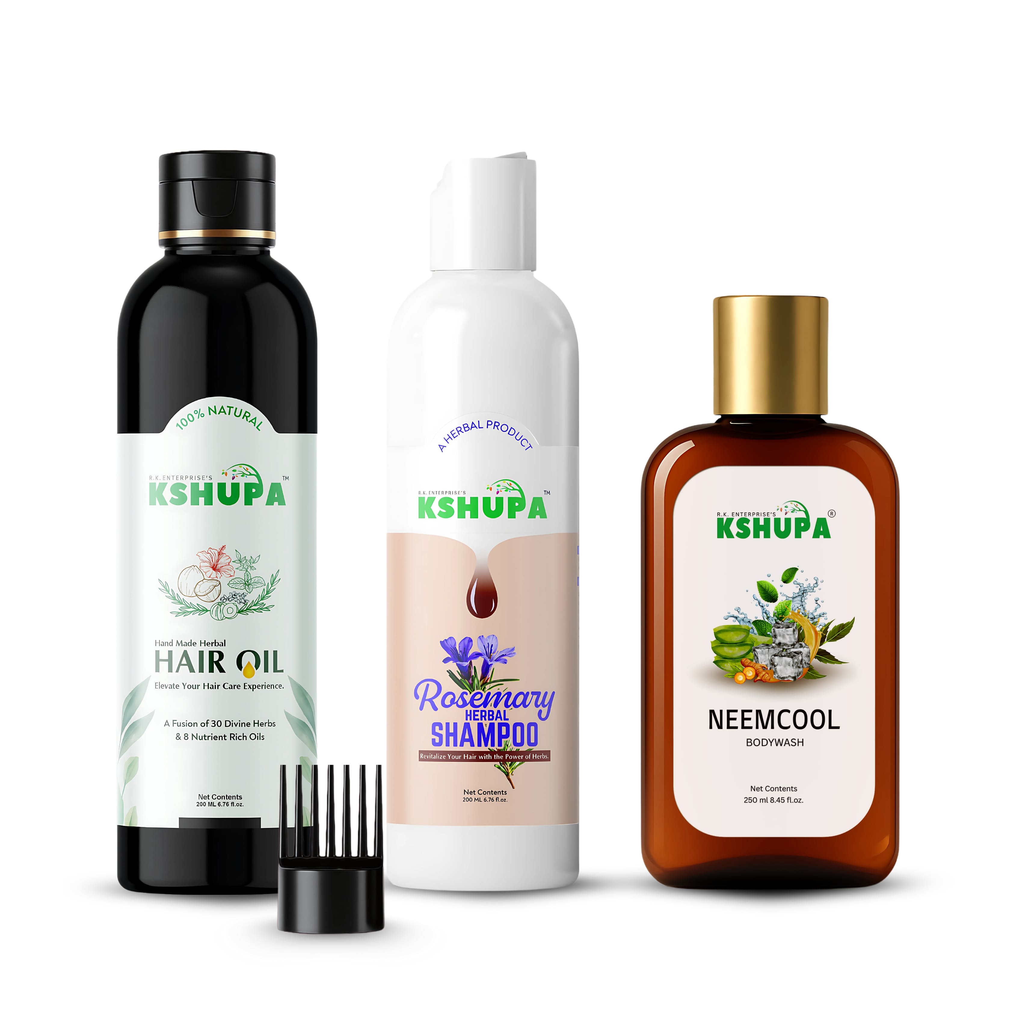 HERBAL TRIO PACK | Handmade Herbal Hair Oil (200ml) + Rosemary Shampoo (200ml) + Neem Cool Body Wash (250ml) | Complete Hair & Body Care Combo