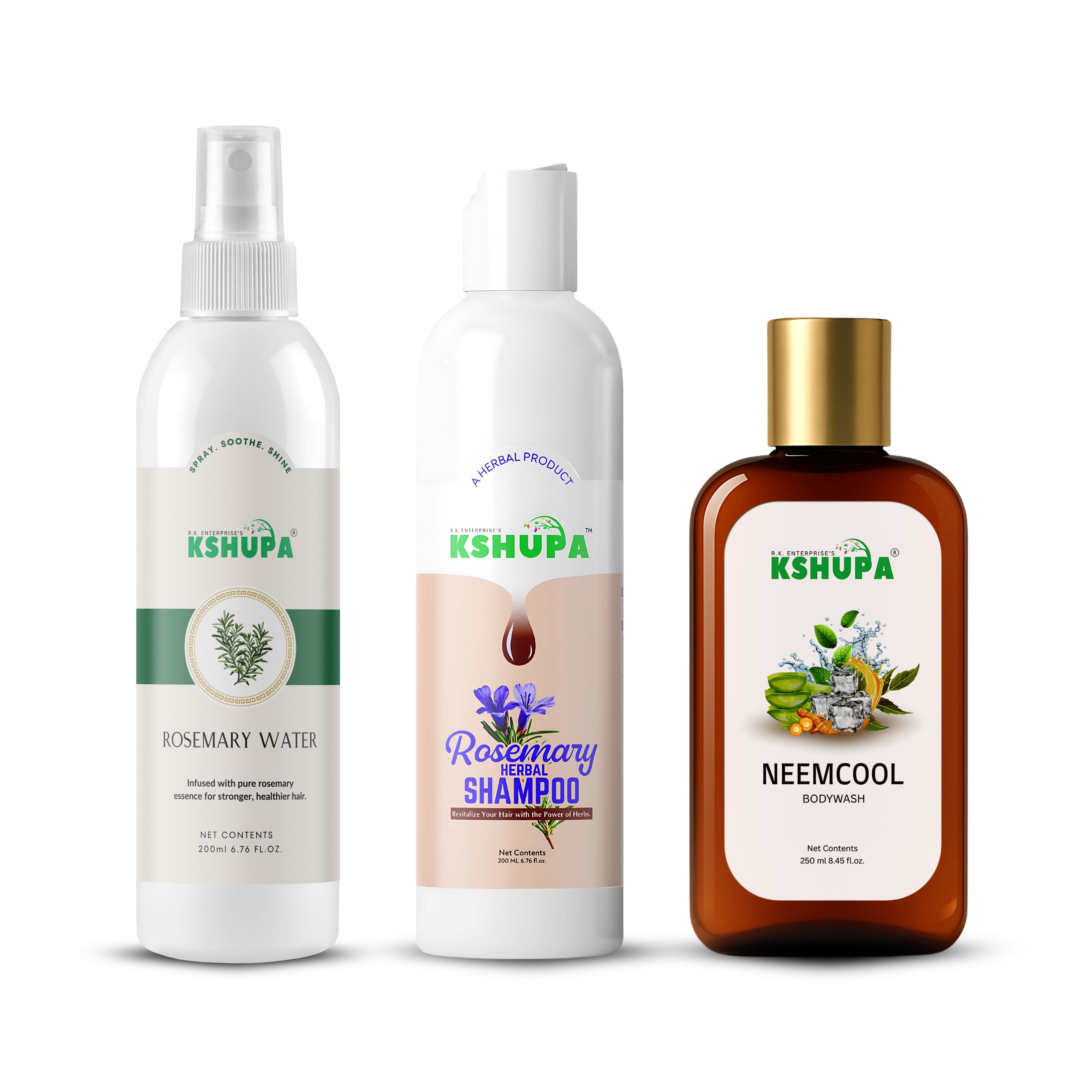 HERBAL HAIR & BODY CARE TRIO | Rosemary Water + Rosemary Shampoo + Neem Cool Body Wash | Complete Herbal Care Combo