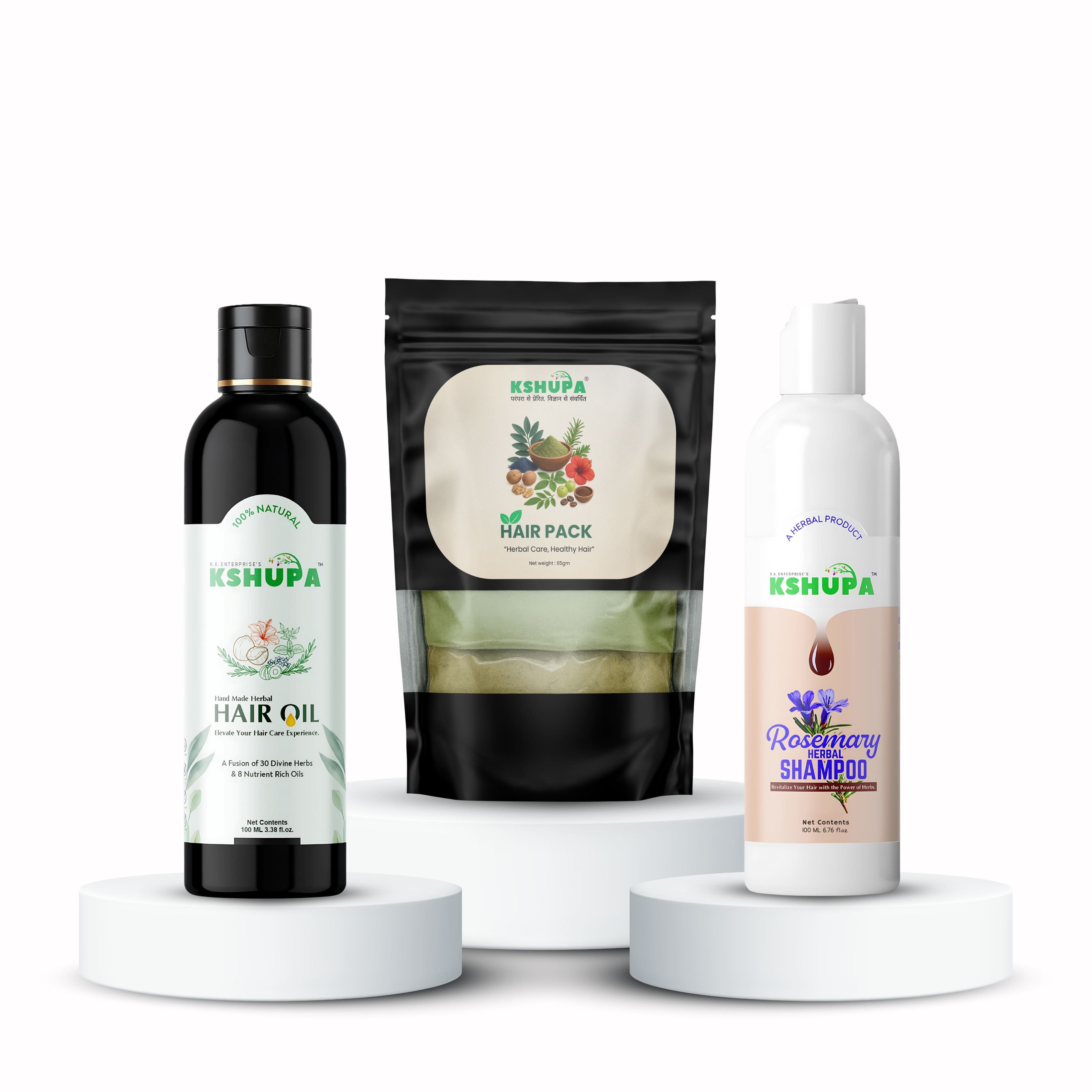Kshupa Total Hair Care Trio | Hair Oil | Rosemary Shampoo | Hair Pack | (Complete Hair Care Solution)