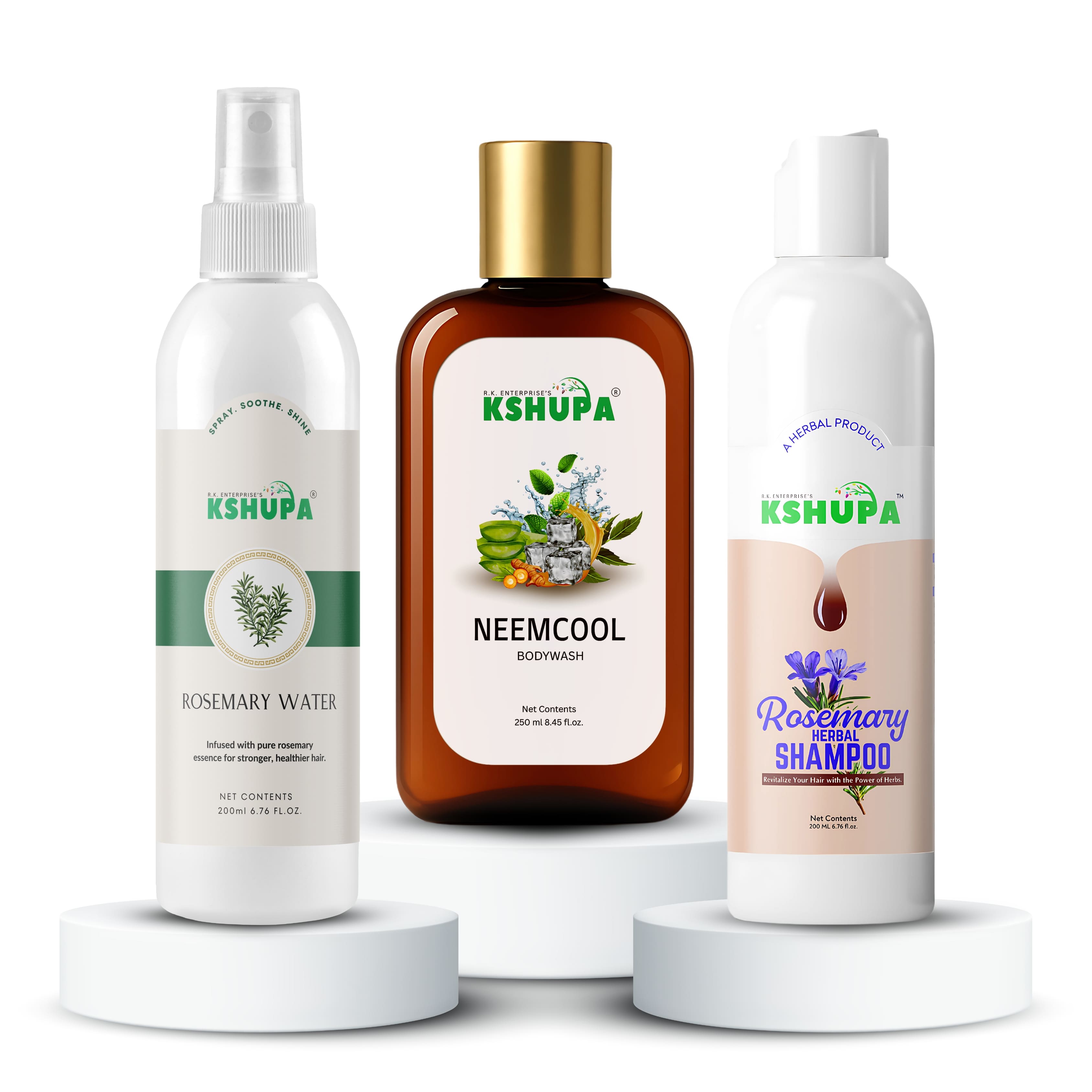 HERBAL HAIR & BODY CARE TRIO | Rosemary Water + Rosemary Shampoo + Neem Cool Body Wash | Complete Herbal Care Combo