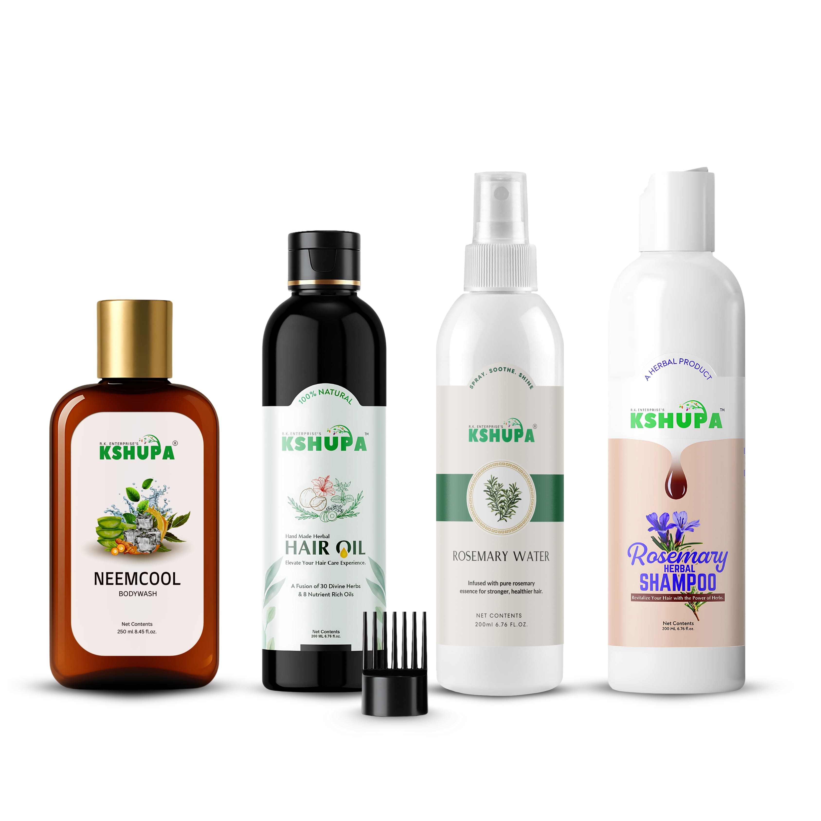 HERBAL QUAD COMBO | Rosemary Water (200ml) + Rosemary Shampoo (200ml) + Neem Cool Body Wash (250ml) + Handmade Herbal Hair Oil (200ml) | Complete Ayurvedic Hair & Body Care